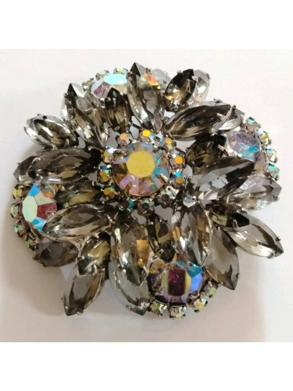 Vintage Aurora Borealis Brooch Rhinestone Floral Pin Statement Jewelry
